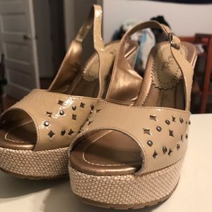 Tan peeptoe wedges